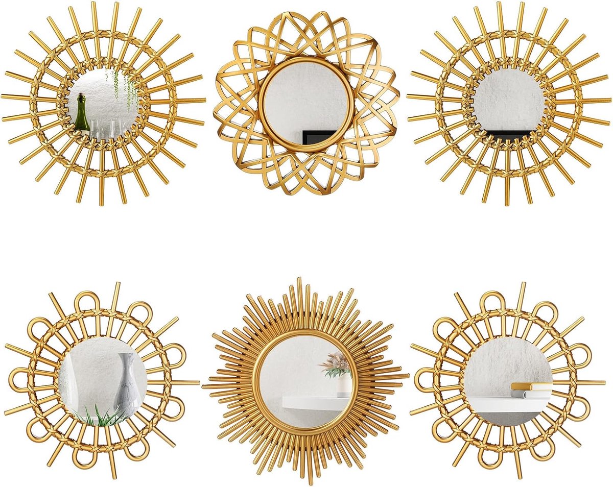 6 stuks spiegels voor wanddecoratie, kleine cirkel zonnespiegels Espejos decoratieve muurkunst ingang spiegel opknoping cirkel spiegel voor muur woondecoratie badkamer slaapkamer woonkamer