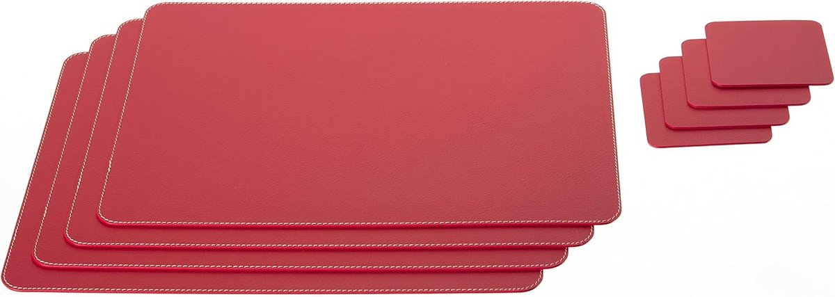 Placemats en Onderzetters Set van 4 - Gerecycled Leer, 4 Placemats en 4 Onderzetters, 10 x 10 cm - Kerstrood, 40 x 30