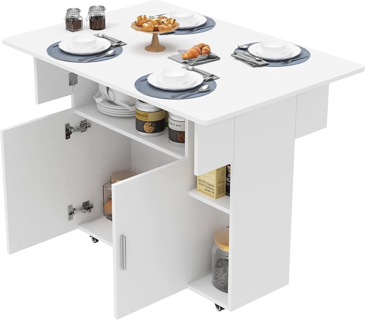 Homewell Opvouwbare eettafel, keukentafel voor kleine ruimtes, met 2 laden en 3 opbergplanken, witte klaptafel, voor eetkamer, keuken en slaapkamer, 100 x 70 x 77 cm, wit