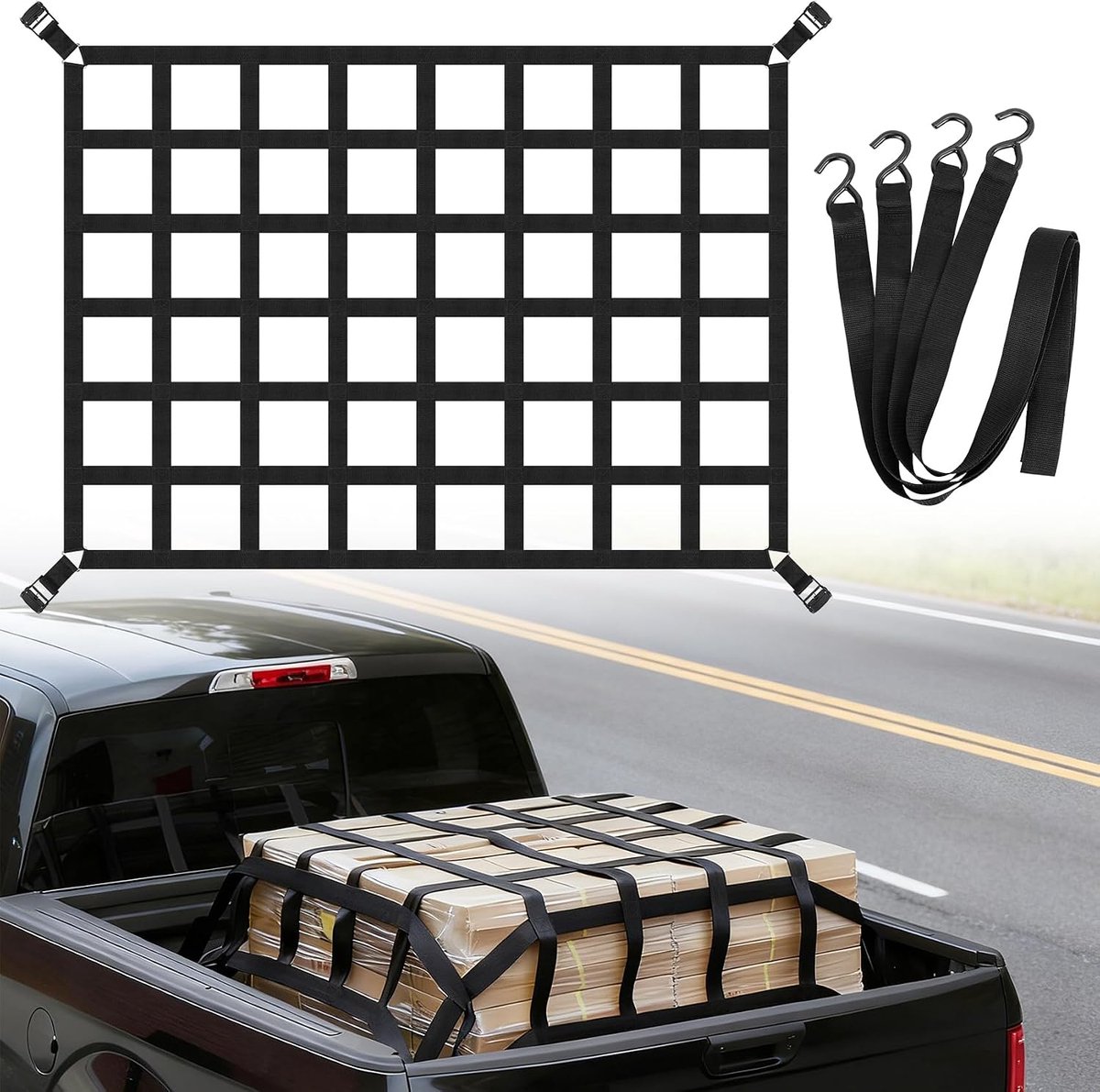 Bagagenet voor pick-up vrachtwagen laadvlak 106 x 127 cm zware belasting aanhangernet scheurvast achterklep vrachtnet verstelbaar voor pick-up vrachtwagen aanhanger incl. 4 x vaste riemen