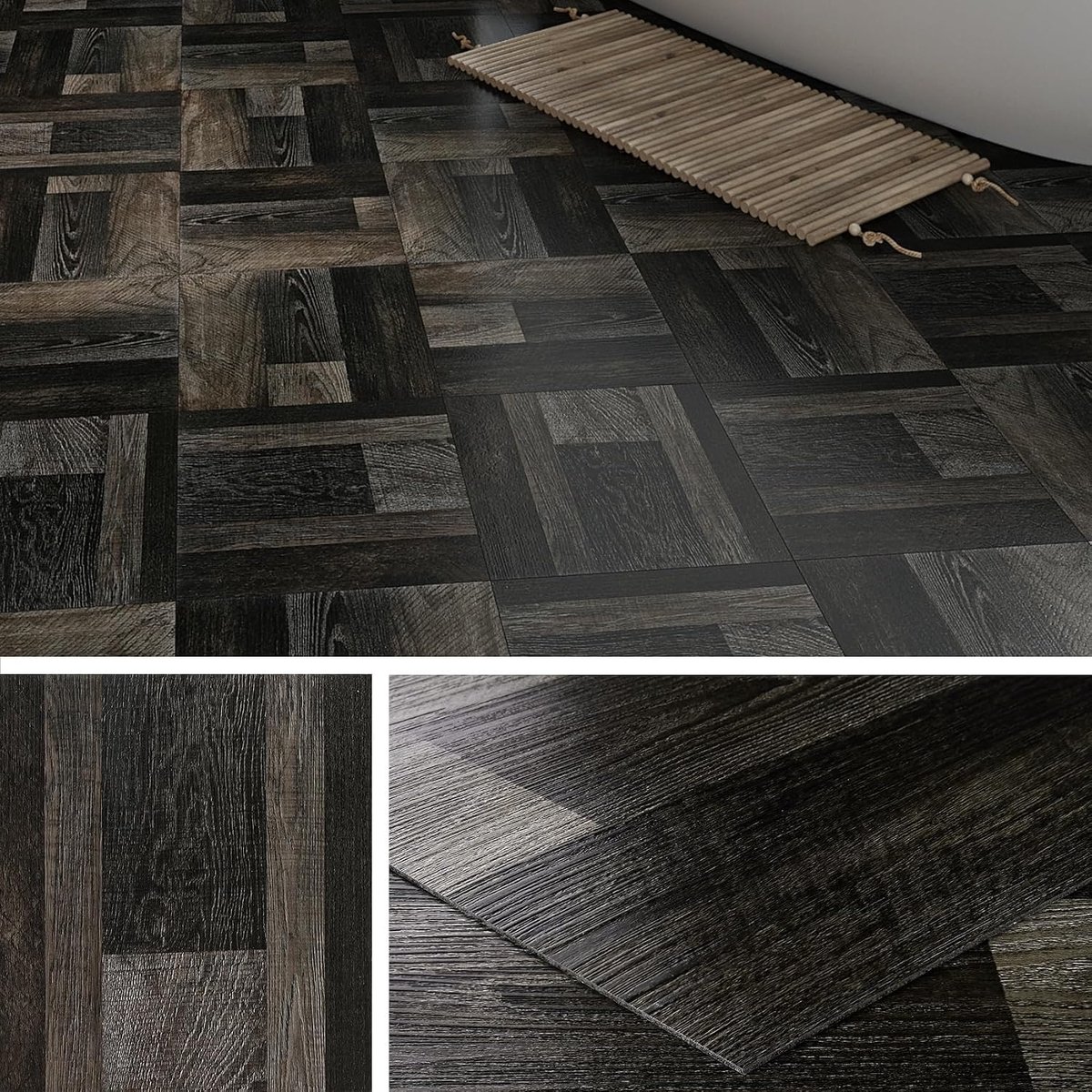 PVC Vloerbedekking Zelfklevende Houtlook Zwart 30x30CM 32-Tegel Wasbaar Vinyl Vloer Zelfklevende Tegellook Retro Zwart Badkamer Zelfklevende tegels Vloer Badkamer Keuken Woonkamer