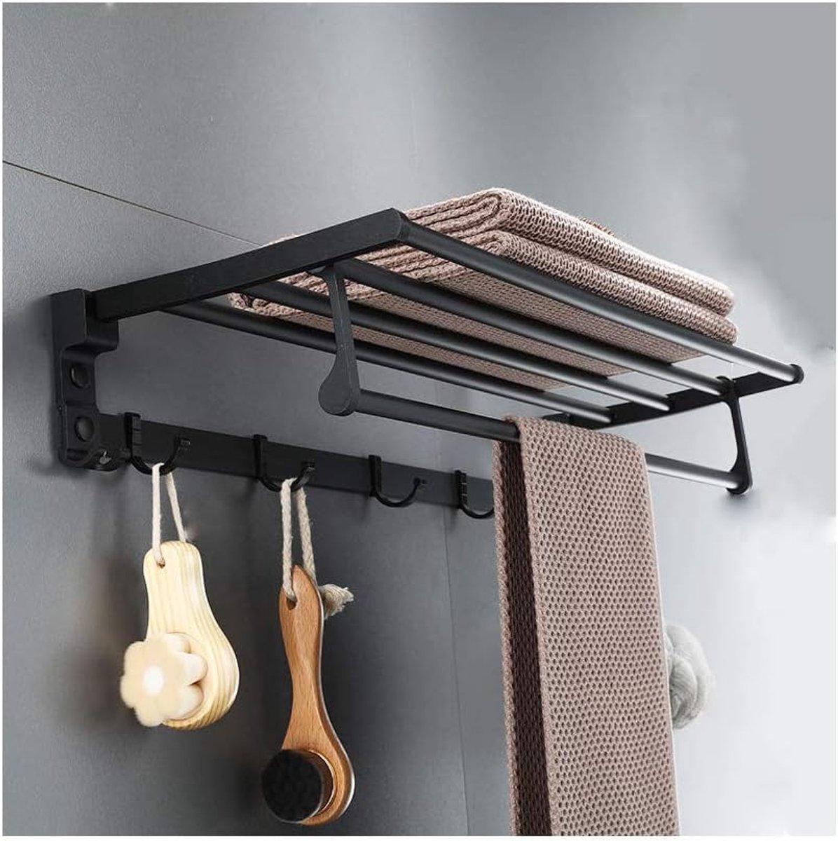 Handdoekhouder Opvouwbare Handdoekstang 180 ° Rotatie Handdoekenrek met 5 Haken Zwart Badhanddoekstang Handdoekenrek Muur (Maat: 39 x 21 x 9,5 cm)