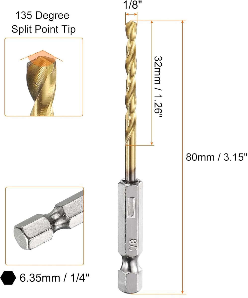 5 stuks 1/4 inch boorpunt met zeskantschacht 1/8 inch M35 snelstaal geoxideerd goud split bit 135 graden gereedschap voor het boren met zeskantschacht hout en kunststof