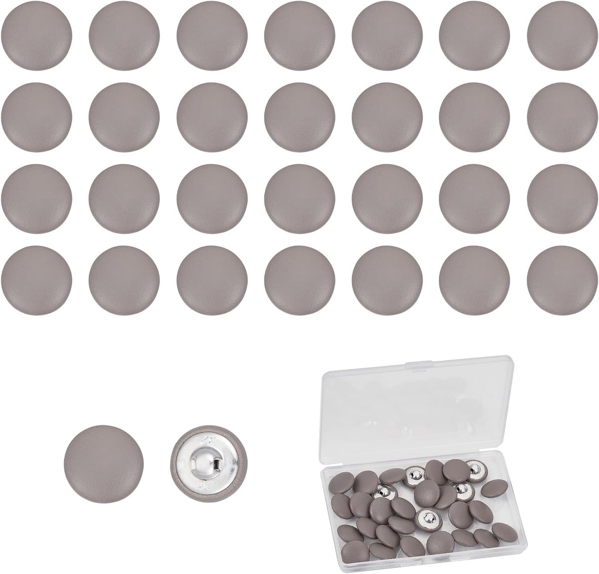 Knopen met PU-lederen bekleding met metalen schacht, ronde knopen 20 mm, grijs, voor het naaien van gestoffeerde meubels, breien, handwerk, decoratie voor naaien