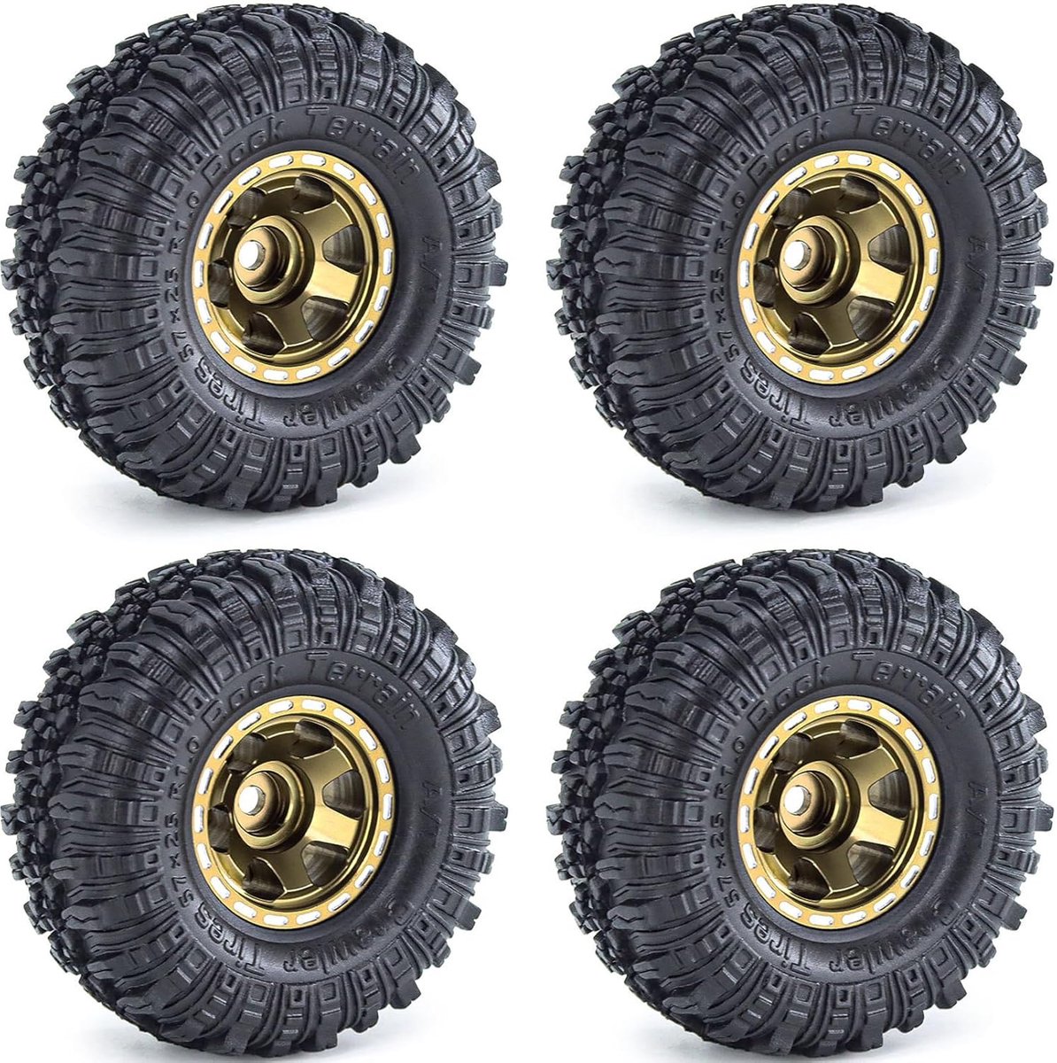 1.0 Beadlock velgen en banden set 57 x 24 mm 1,0 inch rubber Rock Crawler banden & aluminium bladvelgen voor 1/18 1/24 Axial SCX24 TRX4M Gladiator Bronco C10 JLU Deadbolt RC Crawler Upgrade (brons)