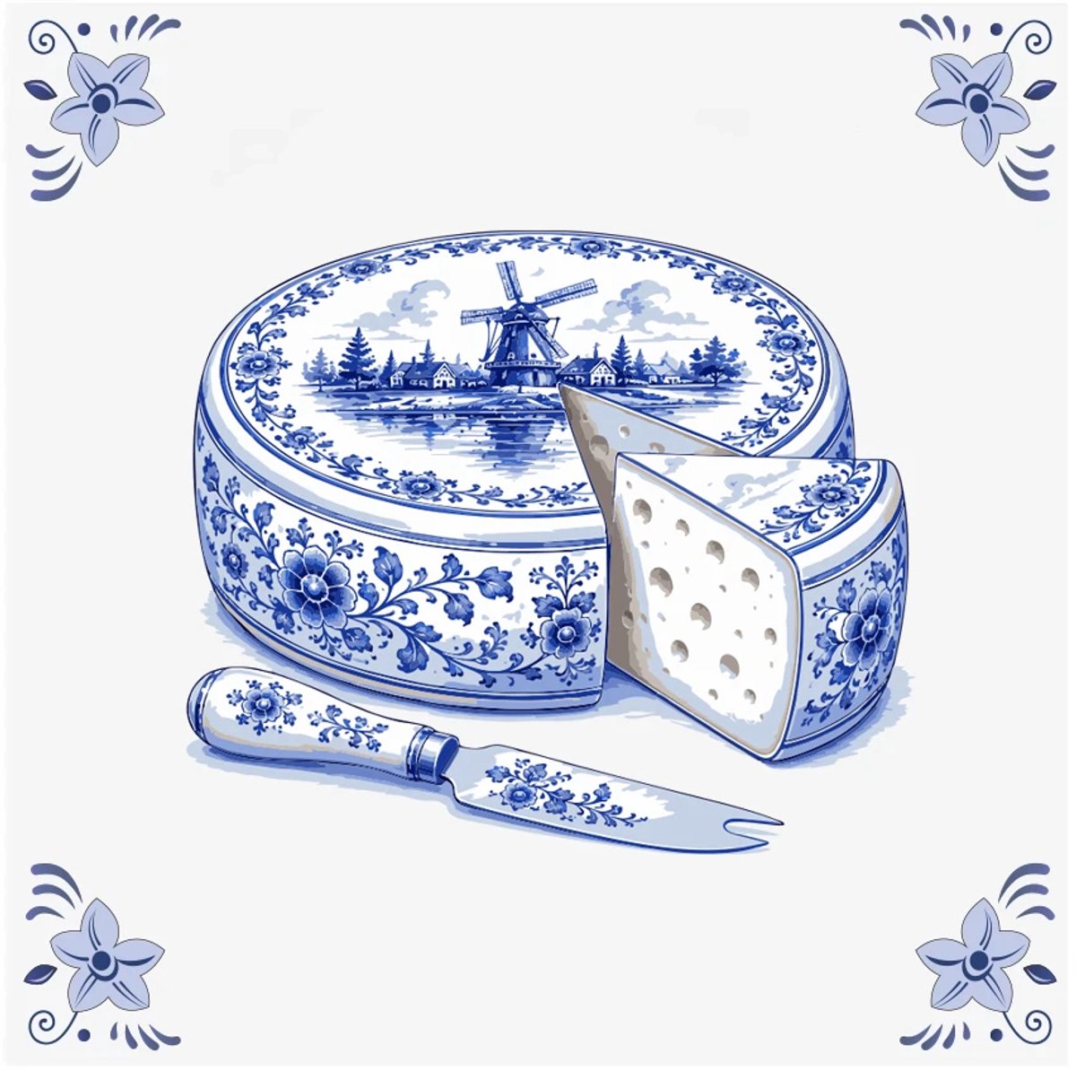 Delfts blauwe tegel Kaas met mes - delfts blauw wandbord - delftsblauw - hollandse cadeautjes - wanddecoratie - decoratieve accessoires