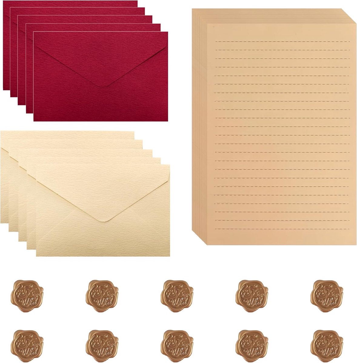Vintage schrijfpapier set - 50-delig - 10 enveloppen en 10 waxzegels - Perfect voor brieven en uitnodigingen - SnelShoppen