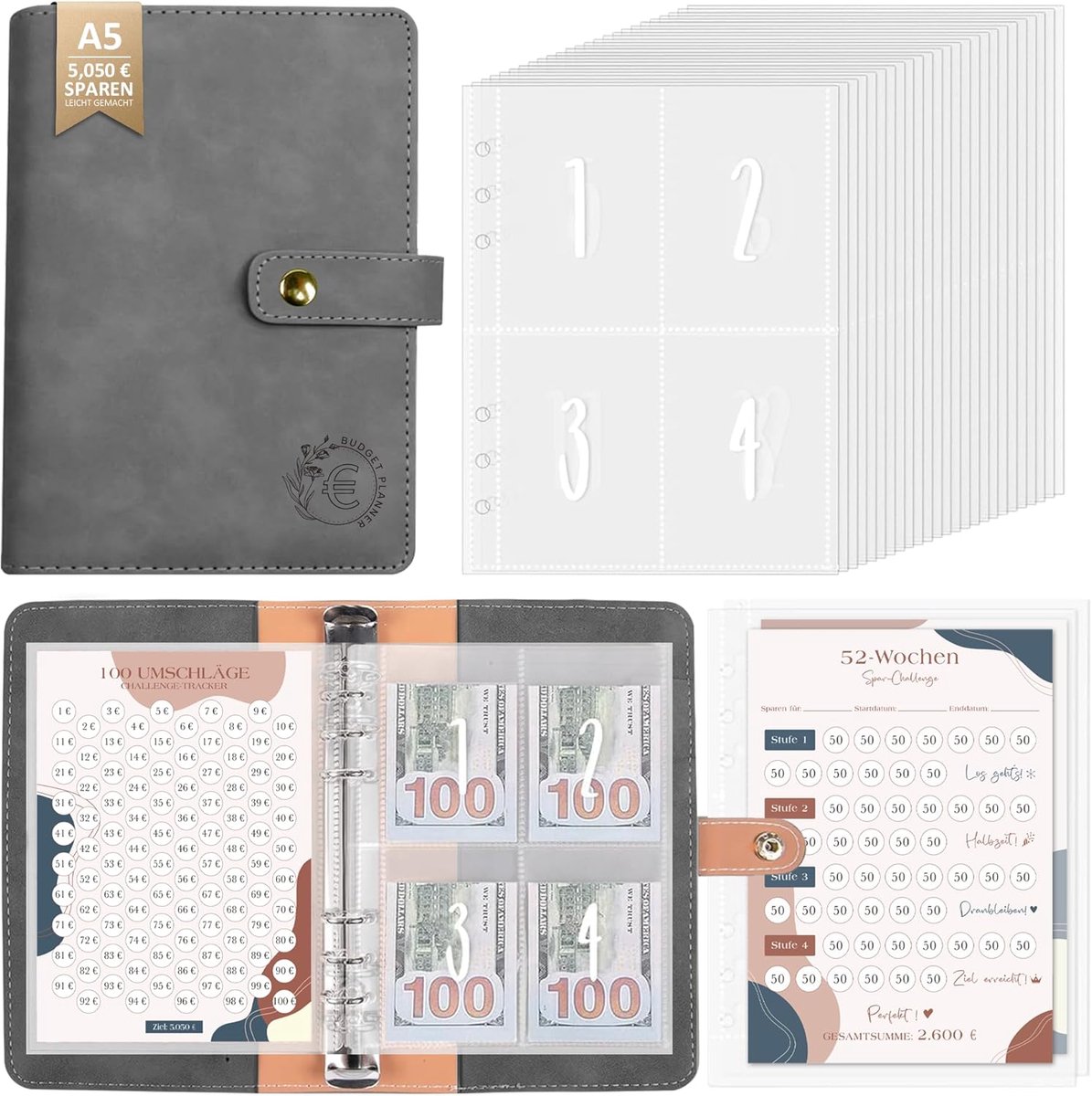 Budget planner - A5 formaat - 100 enveloppen spaaruitdaging - Beheer je financiën met gemak - SnelShoppen