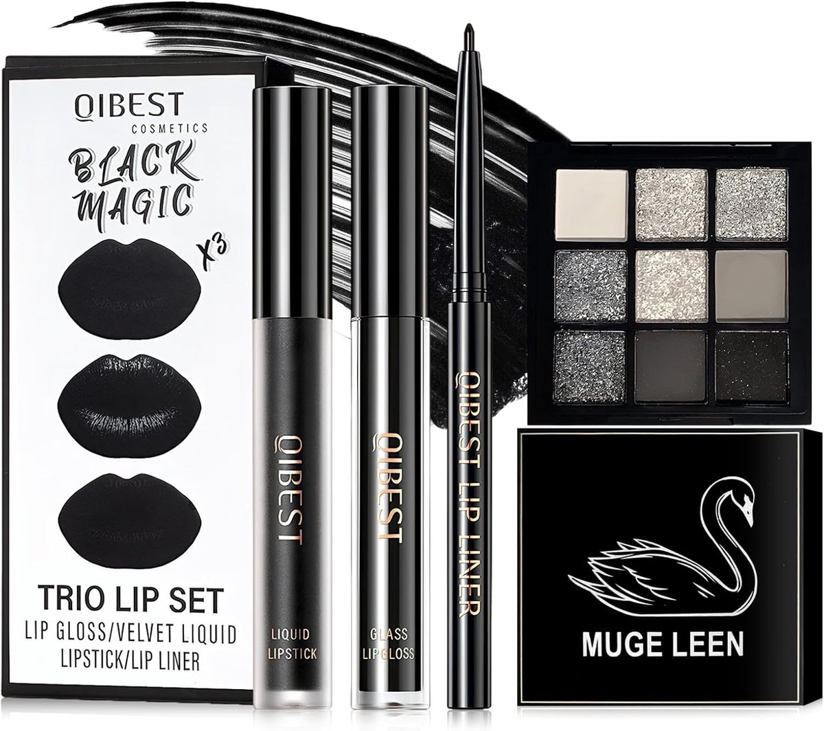 Make-up set 4-delig - zwarte lipstick - matte lipgloss en oogschaduw - creëer de perfecte gothic look - SnelShoppen