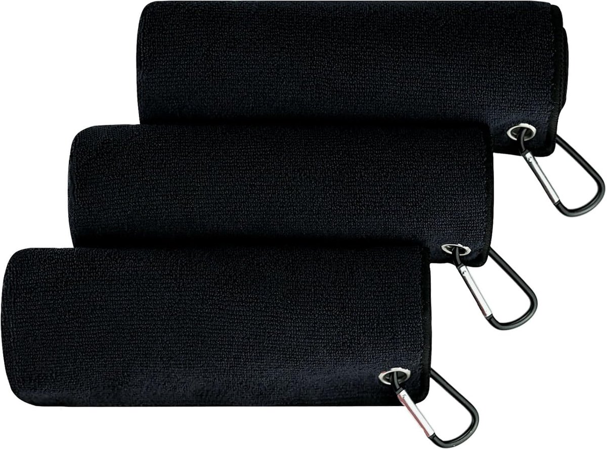 Microvezelhanddoeken 30 x 30 cm - zwart - met karabijnhaak - multifunctioneel voor vissen - SnelShoppen