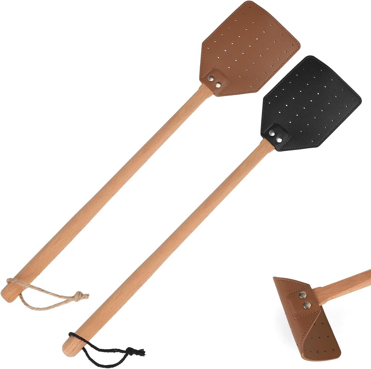 Vliegenmeppers 4 stuks - Leren en houten handvat - Stevig en duurzaam - Ideaal voor binnen en buiten - SnelShoppen