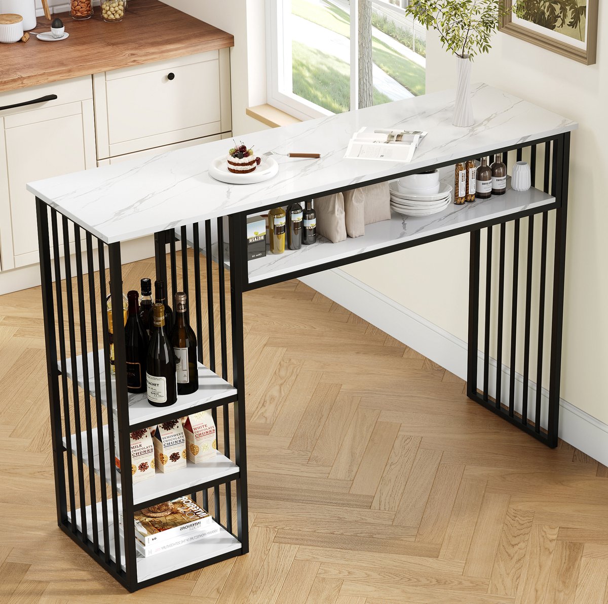 STILVORA Bartafel - Met Open Opbergruimte En Marmerlook Blad - Voor Keuken En Eetkamer - Hout En Metaal - 140x40x105 Cm - Wit;Zwart
