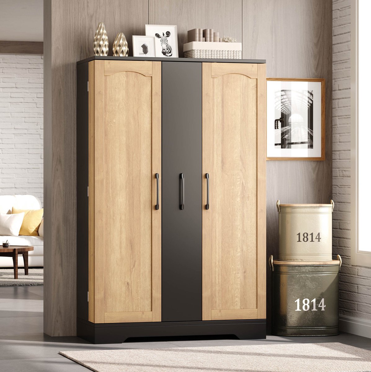 STILVORA Keukenkast - Dubbele Deuren Met Kruidenrek En 4-Laags Uittreksysteem - Voor Keuken En Eetkamer - MDF - 120x78x35 Cm - Zwart;Naturel