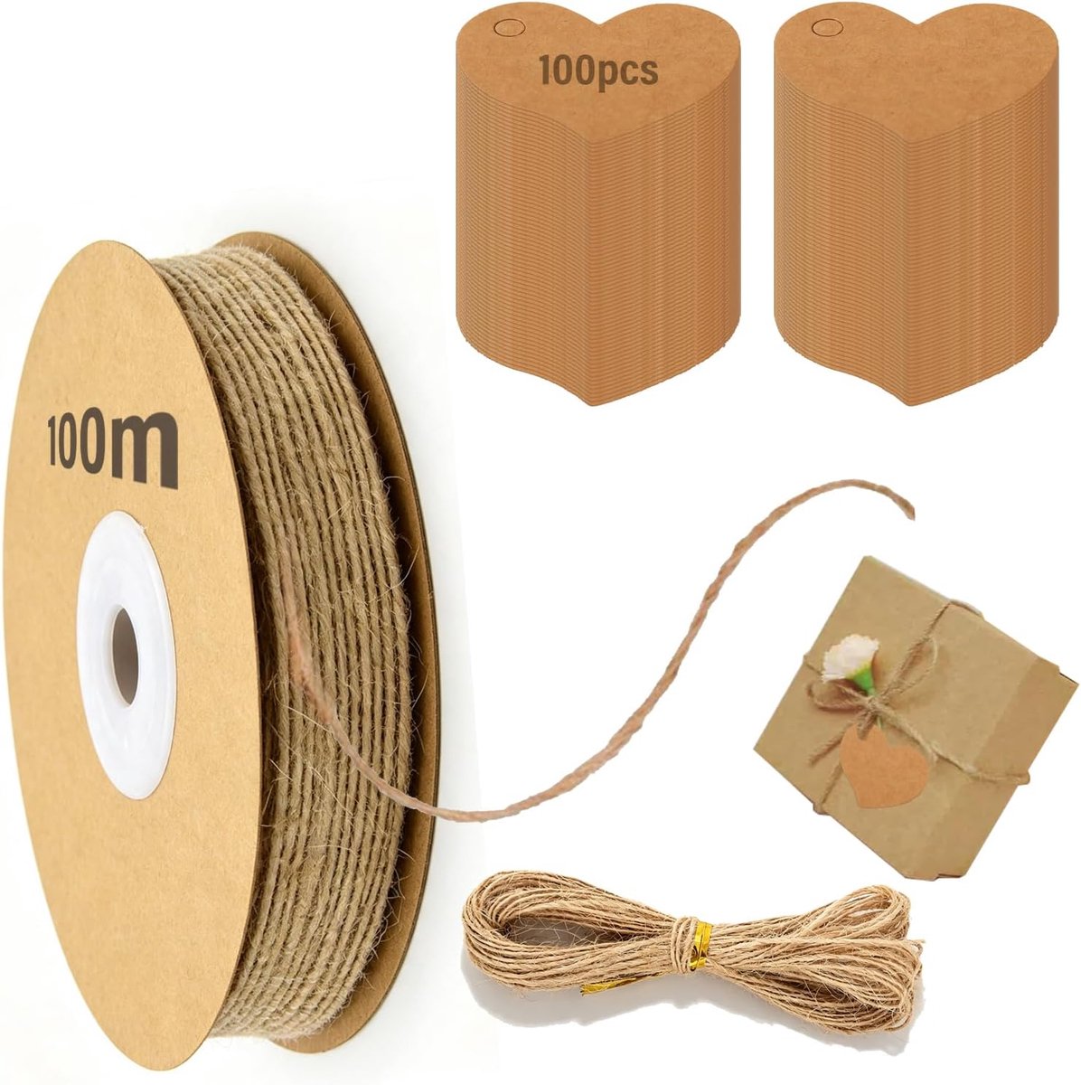 Jute koord 100 m 2 mm - natuurlijke jute - 100 cadeauhangers - ideaal voor rustieke verpakking - SnelShoppen