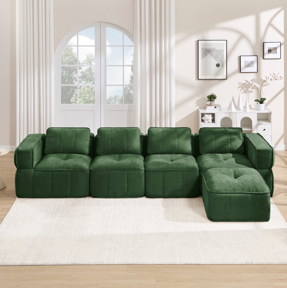 STILVORA Hoekbank 344 x 162 cm - 4-Zits Modulaire Bank Met Hocker En Diepe Zitting - Voor Woonkamer En Lounge - Polyester - Groen