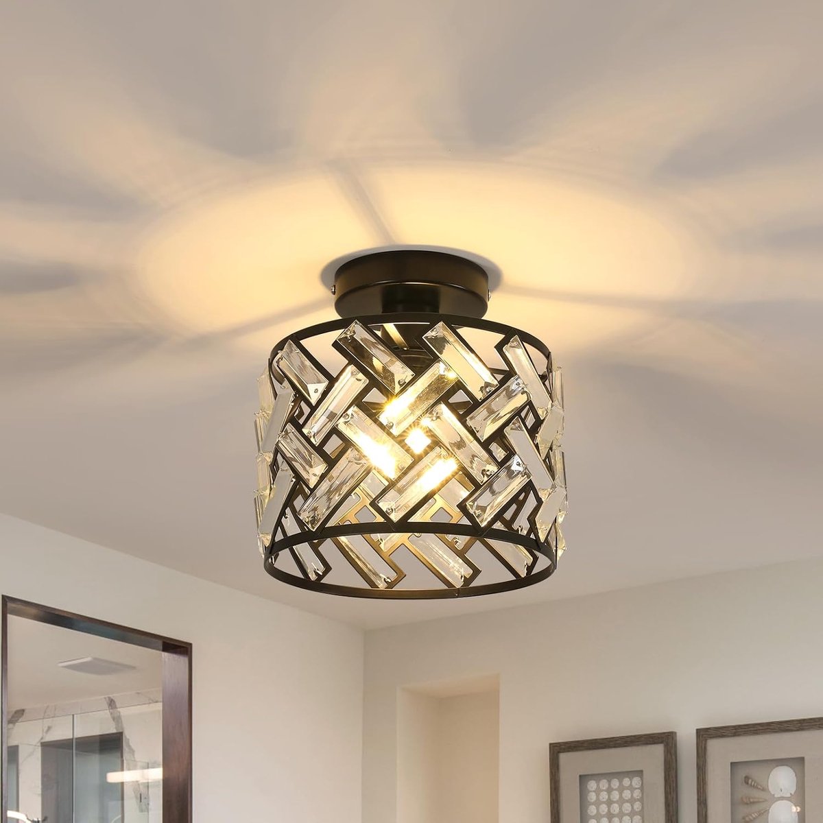 Plafondlamp E27 - zwarte lampenkap - moderne kristal details - perfect voor elegante sfeerverlichting - SnelShoppen