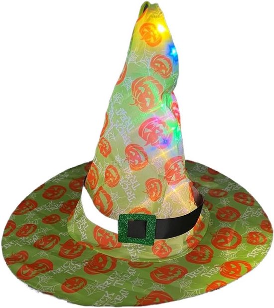 Heksenhoed Halloween - Verkleedhoed Kostuumaccessoire - Feestelijke Aankleding - Met LED Lichtjes - 38 x 30 x 1 cm - Groen/Pompoen