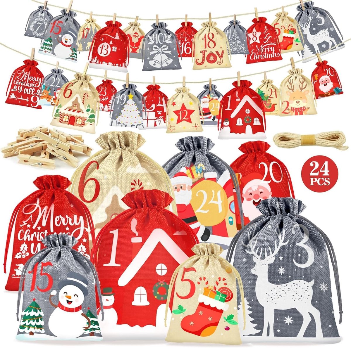 Adventskalender Vullen voor Kinderen - 24 Herbruikbare Zakjes - DIY Adventskalender Set - SnelShoppen