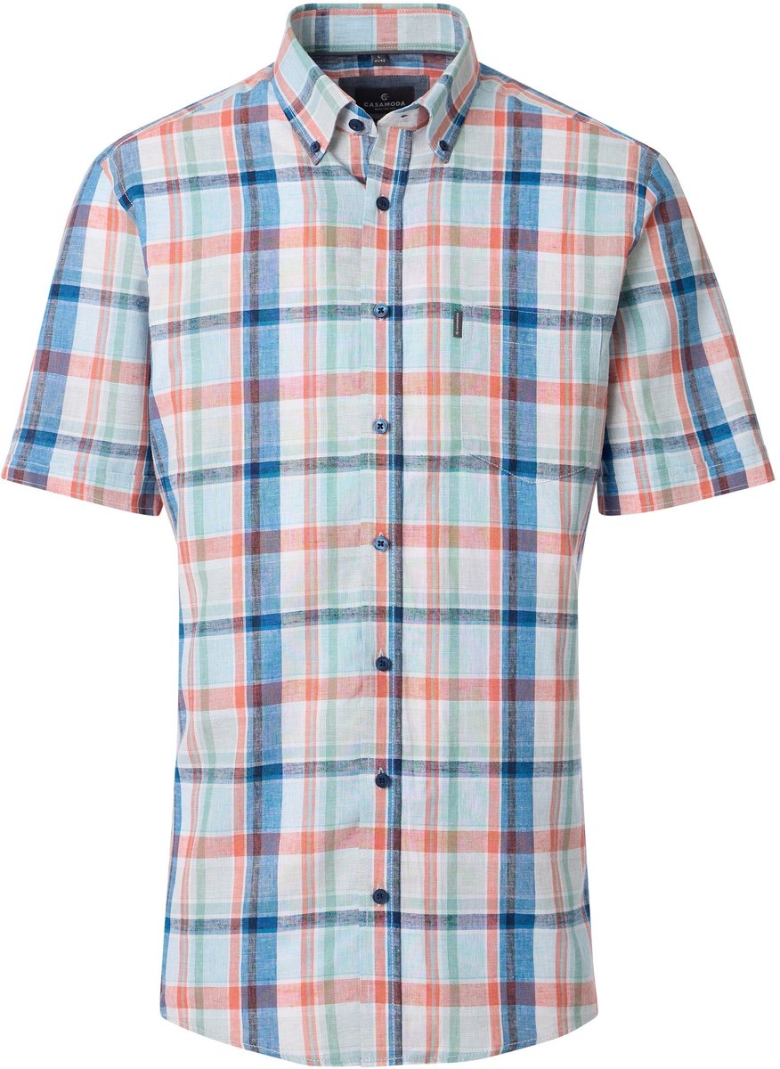 CASA MODA Sport casual fit overhemd - korte mouw - structuur - wit - lichtblauw - oranje - groen - blauw geruit