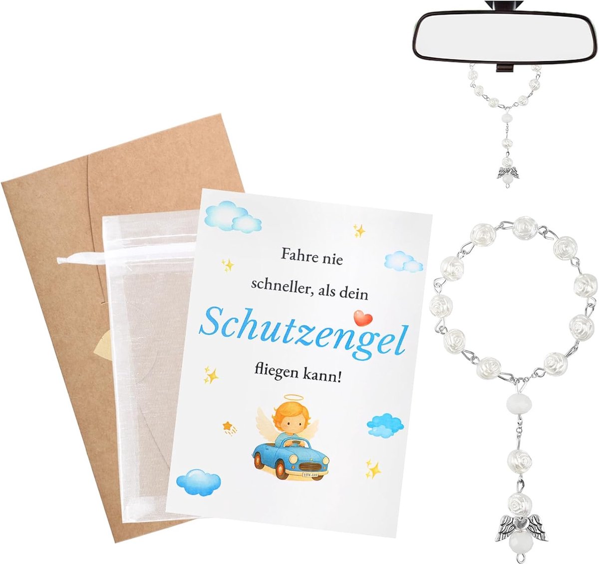 Autobeschermengel binnenspiegelhanger - wenskaart en envelop - katholieke rozenkrans - SnelShoppen
