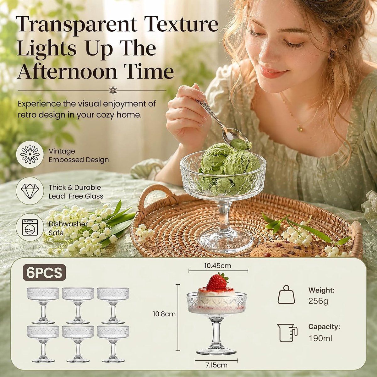 Dessertglazen set van 6 - 350 ml - vintage glazen met steel - ideaal voor elegant serveren - SnelShoppen