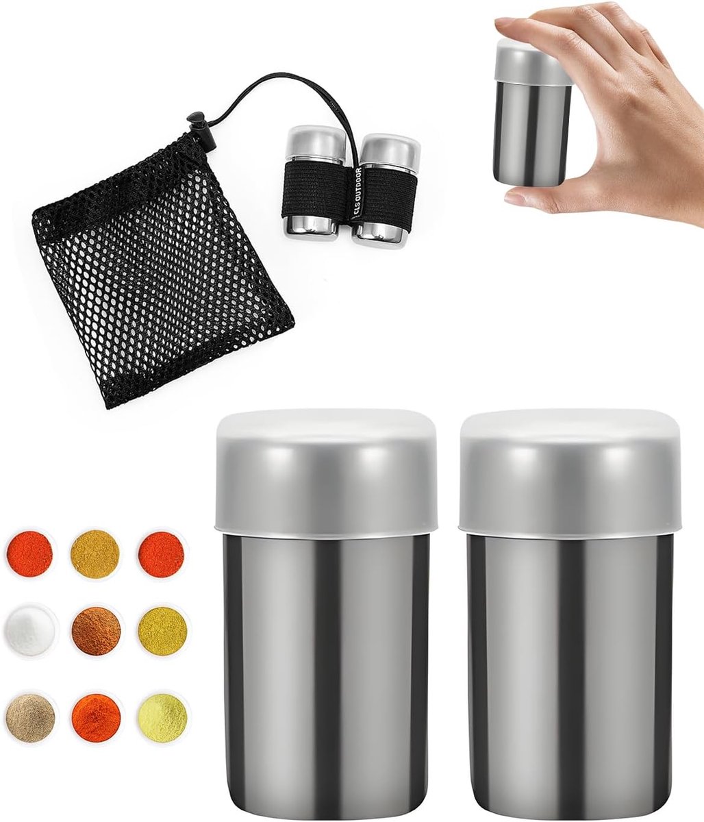 Zout- en peperstrooierset, 2 stuks mini-zout- en pepervaatjes van roestvrij staal, kruidenpotjes voor thuis, keuken, restaurant, barbecue, eettafel, met opbergtas