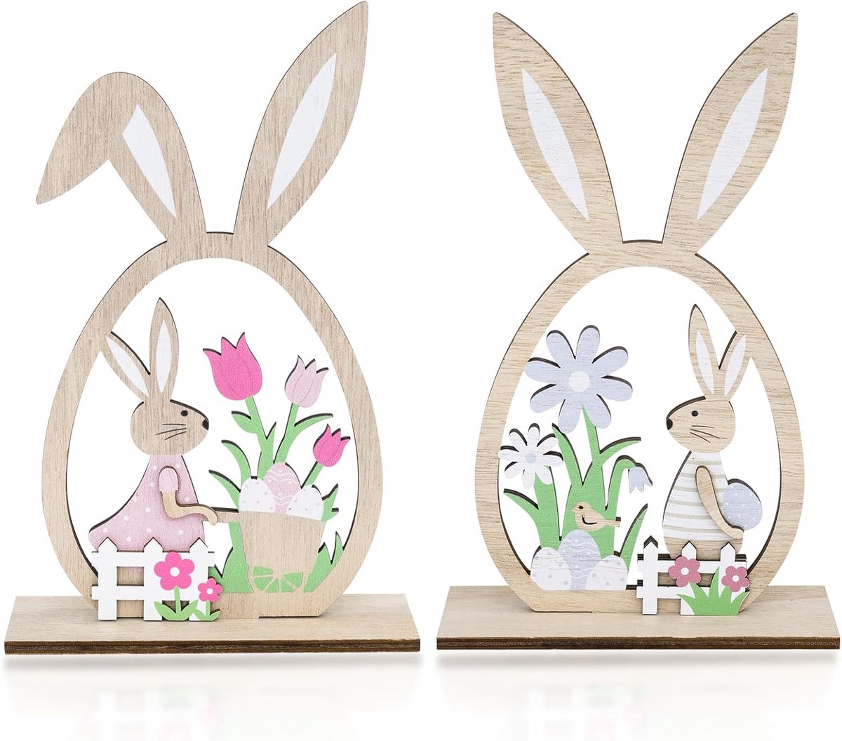 Figuren 2 stuks paasdecoraties voor thuis, houten konijns decoratie bord, boerderij, rustieke haas met ei, houten paasdienblad sterdecoratie, voor Pasen, paasdecoratie, tuin