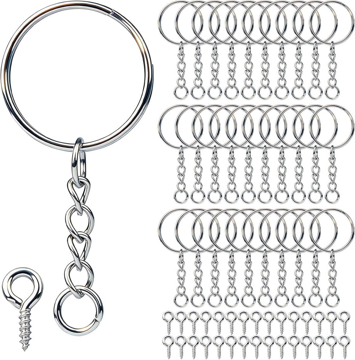 60 stuks sleutelringen ringen set sleutelringen ketting 30 stuks sleutelring met ketting 30 stuks open bindingen 30 schroefogen pinnen voor sleutels, handwerk, doe-het-zelf sieraden maken