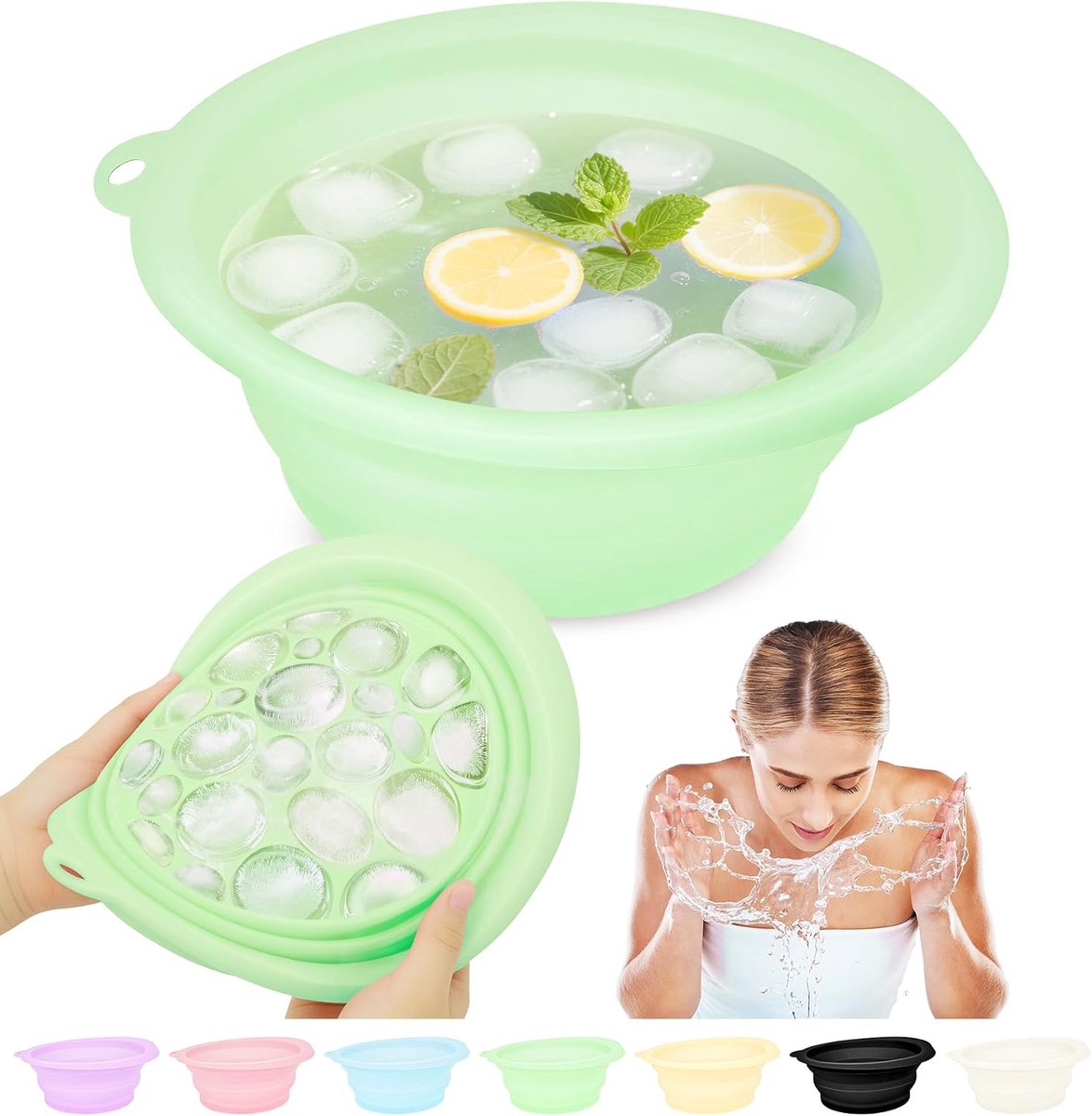 Ijskom voor gezicht, kom voor gezicht ijsbad, opvouwbare Facebowl met ingebouwde Icetray, draagbare snelkoelende gezichtswastafel voor het kalmeren van de huid (Groen)