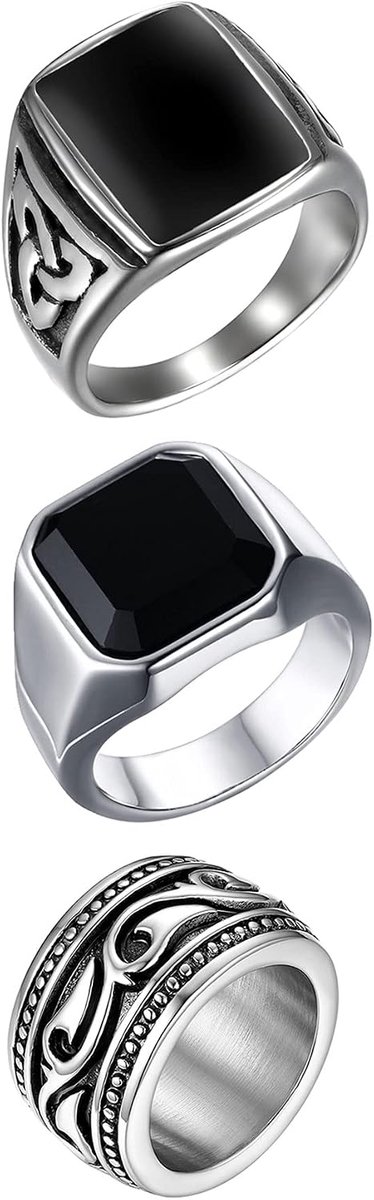 Ringen voor heren, bikerringen, 3 stuks, Celtic Retro Charm, Punk Rock, herenring, roestvrij staal, zilver, ringmaten 54 (17,2) tot 70 (22,3)