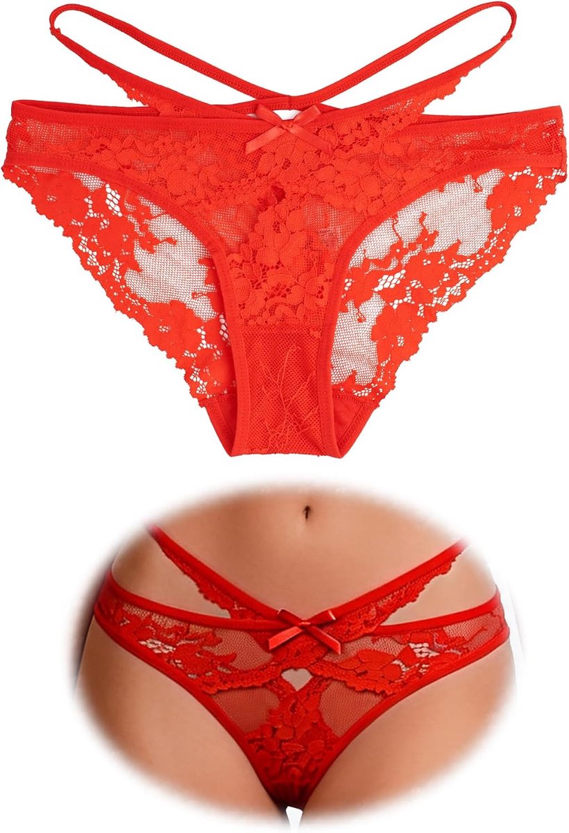 Ohmydear Dames string tanga kant sexy mesh Braziliaanse slip lingerie met strik net transparant slipje ondergoed voor vrouwen grote maten onderbroek curvy panty met gat string sexy ondergoed