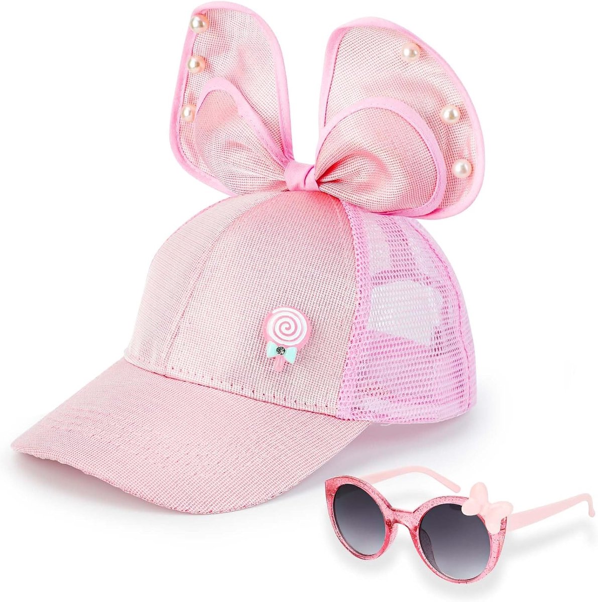 Honkbalpet voor meisjes, cartoon baseballpet met 3D-konijnenoren, muizenoren, grote strik, verstelbare snapback-pet, zomer, baseballpet met ademende mesh zonnehoed voor meisjes