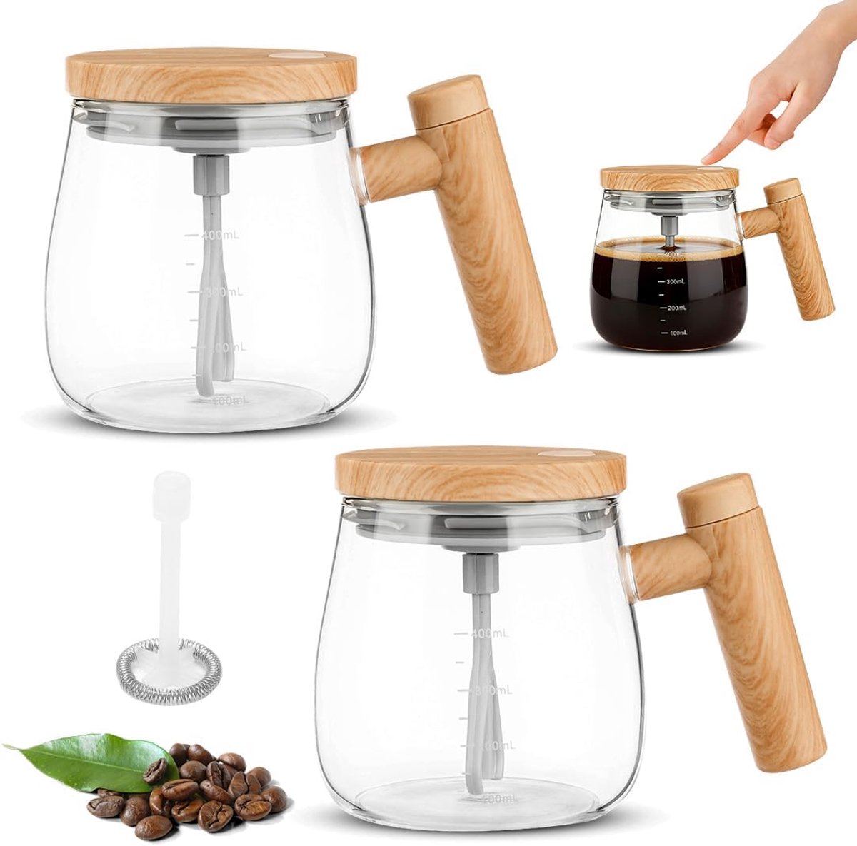Zelfroerende kopjes, set van 2, 400 ml glazen mengbeker, hoge snelheid voor koffie, melk, eiwitpoeder, zelfroerende mok, glazen koffiemixer met deksel, mengkoffiebeker, batterijen
