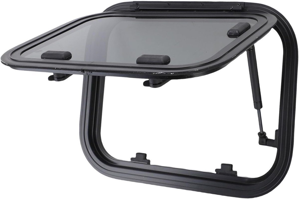 16x12in RV-venster Vervanging van Zwart Gehard Glas | Zonwerend camperuitstapraam met steunstang en scherm voor aanhangwagen