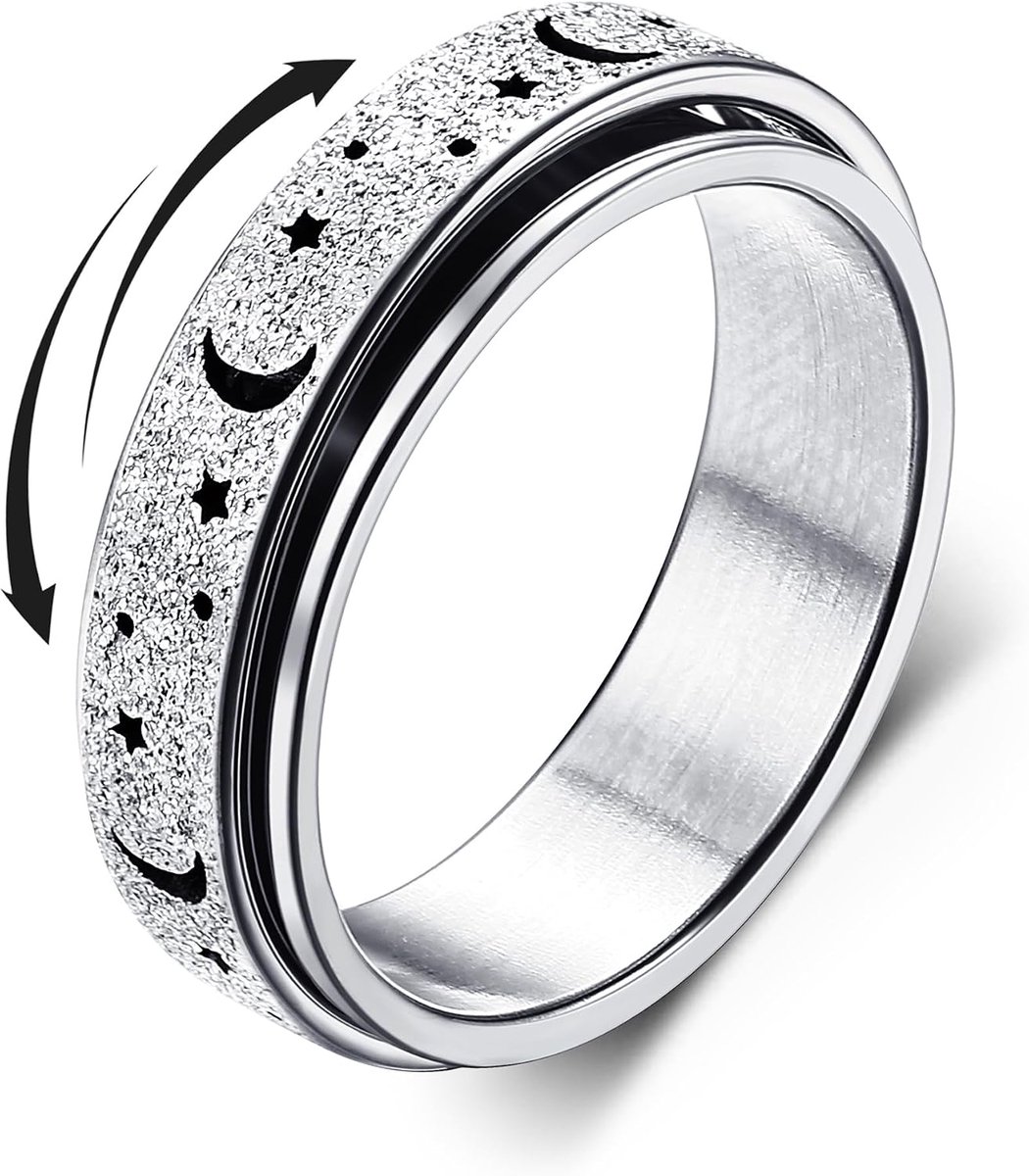 Ringen spinnerringen voor stress- en angstverlichting, friemelringen voor dames en heren, roestvrijstalen looprollen stressringen, geluksbrengers, anti-piekerringen, maan, ster, maat J-R