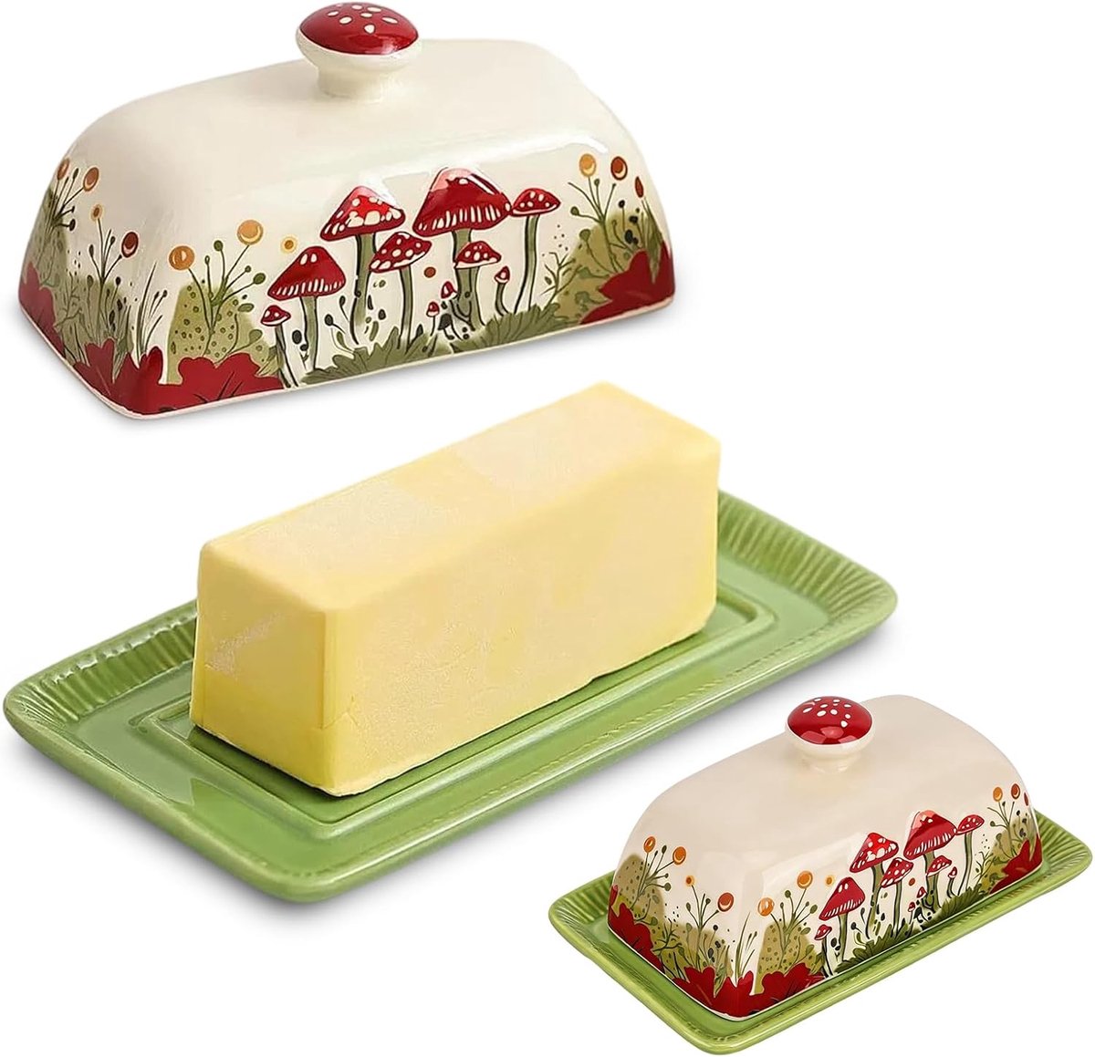 Botervloot van keramiek, hoogwaardige botervloot, porselein, kleine keramische botervloot met deksel, paddenstoeldesign, dikkwandige boterklok, botervloot, botervloot, porselein