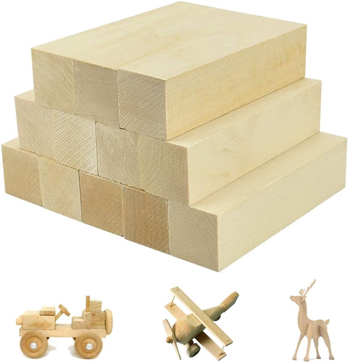 12 stuks Houtsnijwerk Set Houten Blokken Basswood Onafgewerkte houten Carving Blocks voor Beginners Houtsnijwerk kinderen volwassenen handwerk en doe-het-zelfprojecten 10 x 2.5 x 2.5 cm