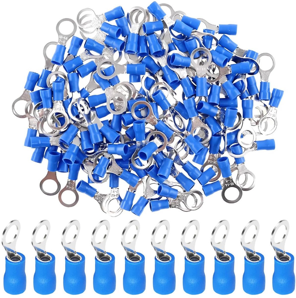 100 stuks ringkabelschoenen van koper, M10, elektrische connector, oogje, ring 10,5 mm, elektrische kabelschoenen, geïsoleerde krimpklemmen, kabel 1,5 - 2,5 mm², 16-14 AWG, blauw
