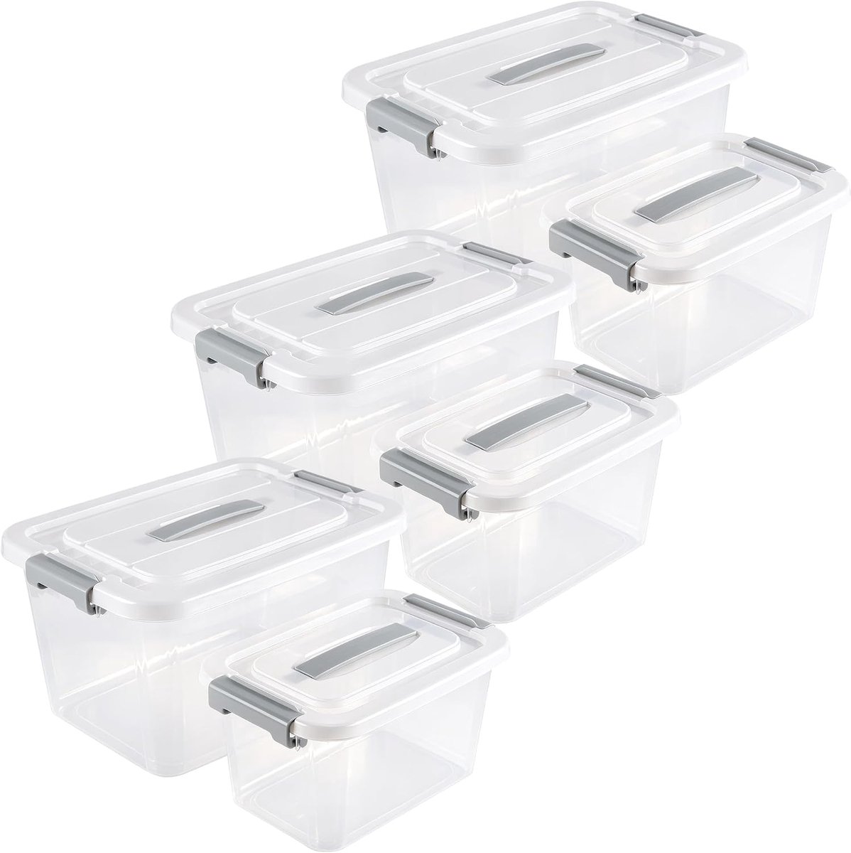 Opbergdoos met deksel, 12 l en 5 l, 6 stuks, transparante plastic doos met kliksluiting en handgreep, stapelbare transparante dozen voor keuken, woonkamer, opslag, 35 x 25 x 20 cm/25 x 18 x 15 cm