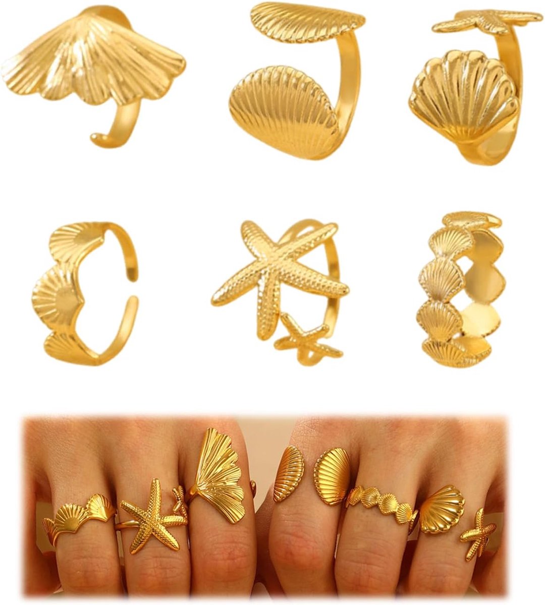 Ringen voor dames, roestvrij staal, goudkleurig, verstelbaar, ideaal voor de zomer, waterdicht en hypoallergeen