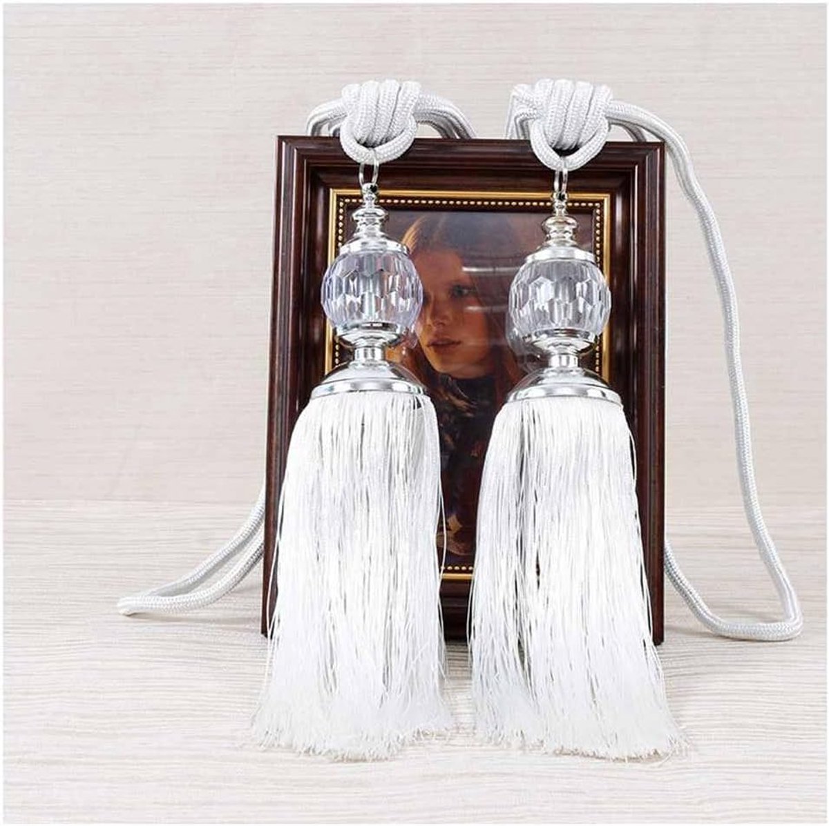 1 paar gordijnhouders met kwastjes, kristallen bol, gordijn, trekkoord, elegante gordijnhouders, decoratieve gordijnhouders, touwgordijnen, accessoires, gordijnhouders voor huis en kantoor, raamgordijn, wit