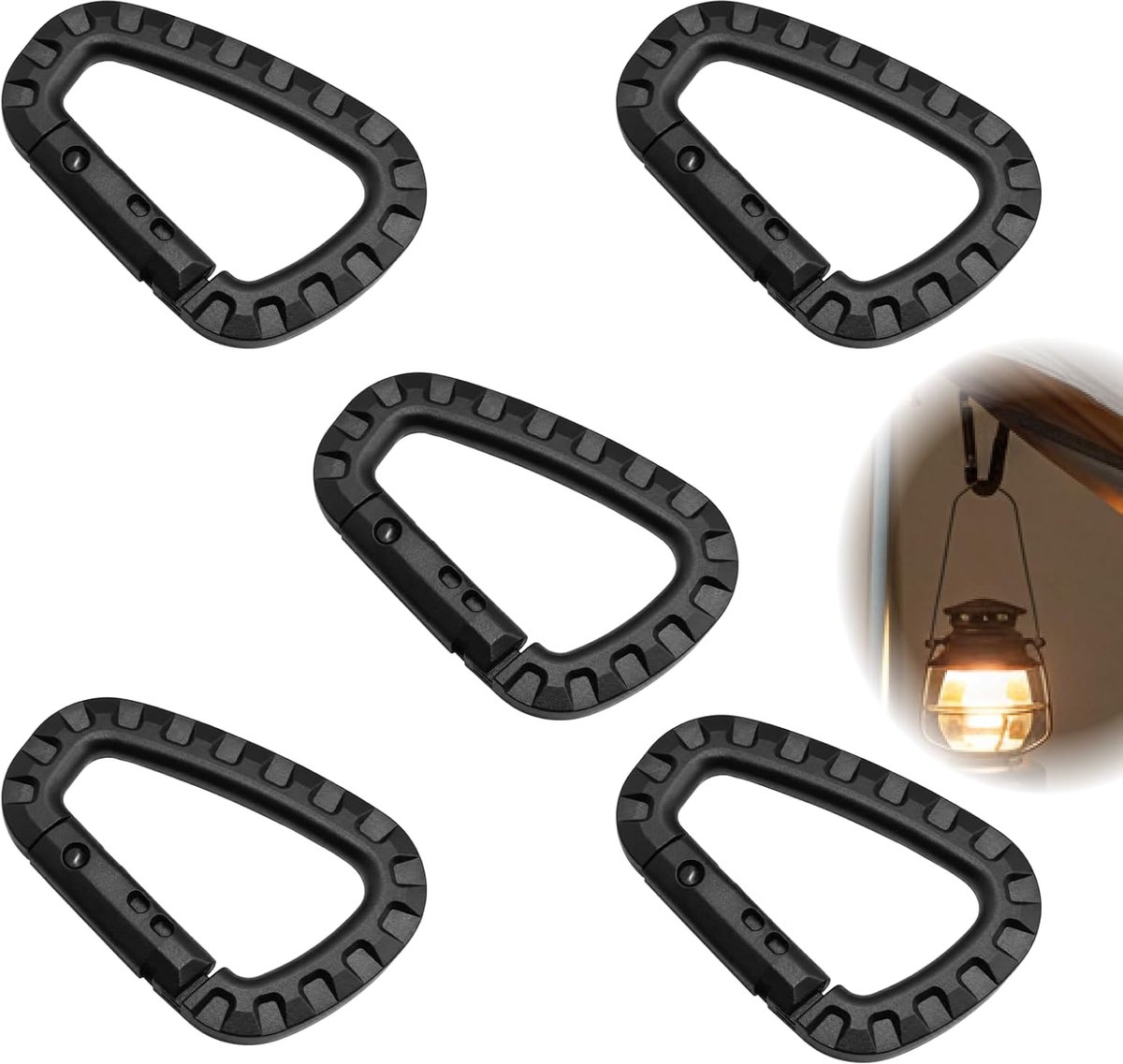 5 stuks karabijnhaken kunststof, D-karabijnhaak, zwart, kunststof, grote lichte accessoires voor wandeluitrusting, rugzak, outdoor, dagelijks gebruik, plastic karabijnhaak met veermechanisme