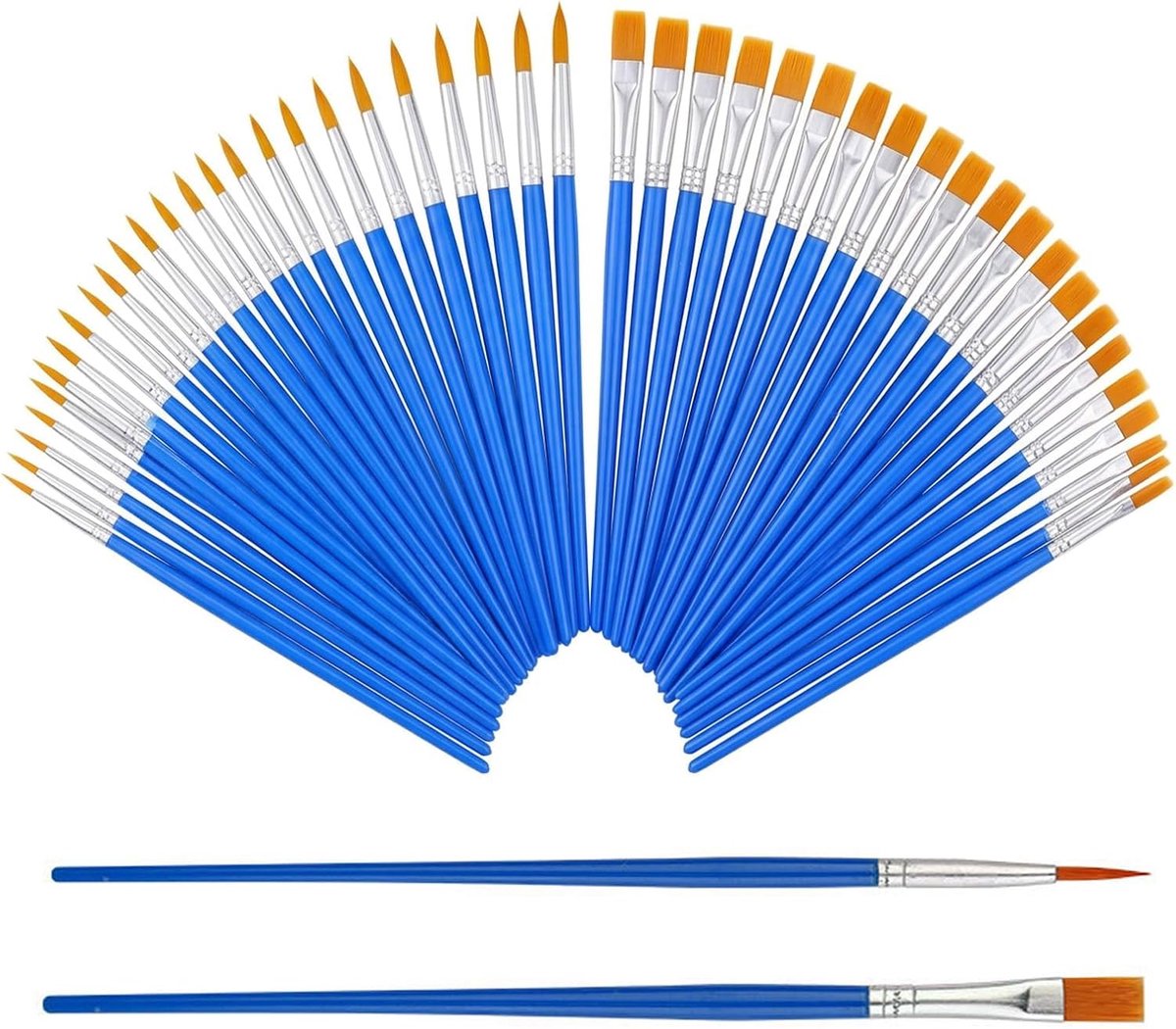 60 stuks penseelset voor kunstenaars en beginners, bevat 30 ronde penselen met puntige dop en 30 x platte kwasten, ideaal als penseelset voor acrylverf, waterverf en gedetailleerde kunstschilderen