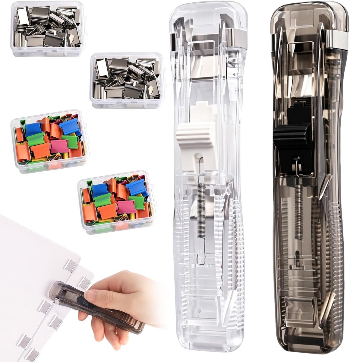 Nietjesdispenserset met 2 stuks pusher & 200 clips, herbruikbare creatieve nietmachine, nieuwe 2026 editie mini push nieter voor documenten, herbruikbare nietjes voor school, kantoor en thuis