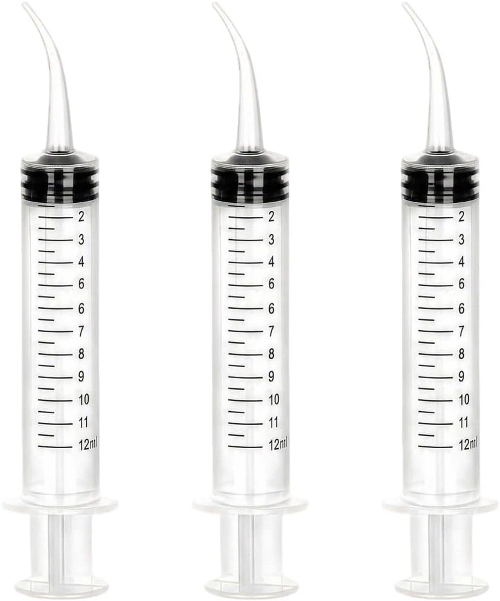 Thijox - 3 stuks Gebogen Herbruikbare Kunststof Spuit 12ml met Heldere Schaal - Doseerspuiten voor Tandreiniging, Dierenvoeding, en Industriële Toepas