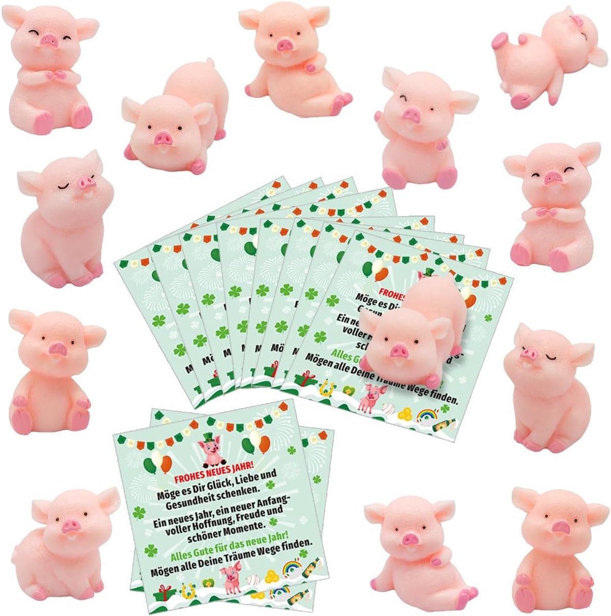 SnelShoppen - 16 Stuks Gelukscharms Lucky Pigs voor Nieuwjaar - Decoratieve Gelukspig Souvenirs met 10 Gelukskaarten voor Feestelijke Gelegenheden