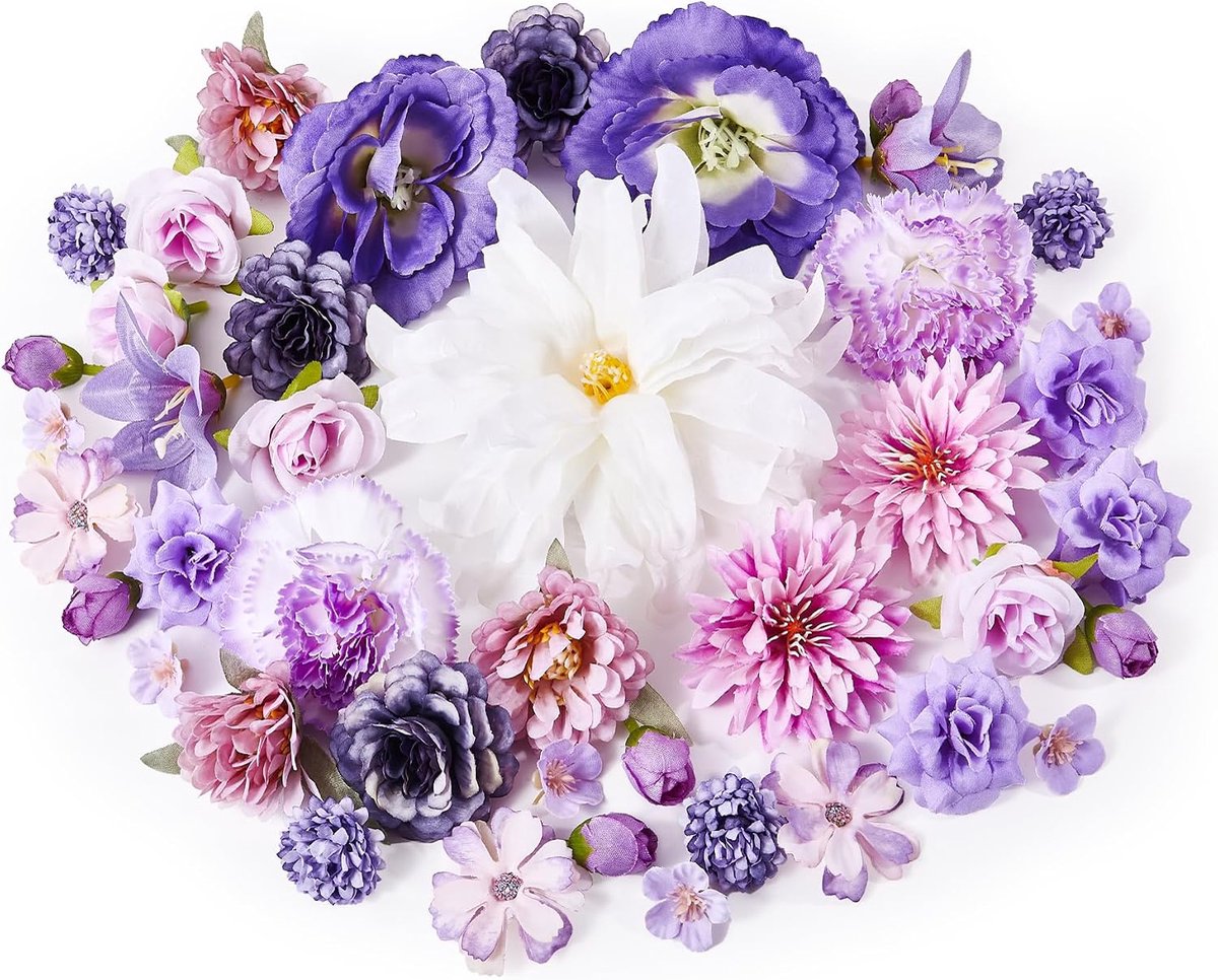 Kunstbloemen set 42 stuks - paarse bloemhoofden - 13 soorten - perfect voor decoratie - ShopVlot