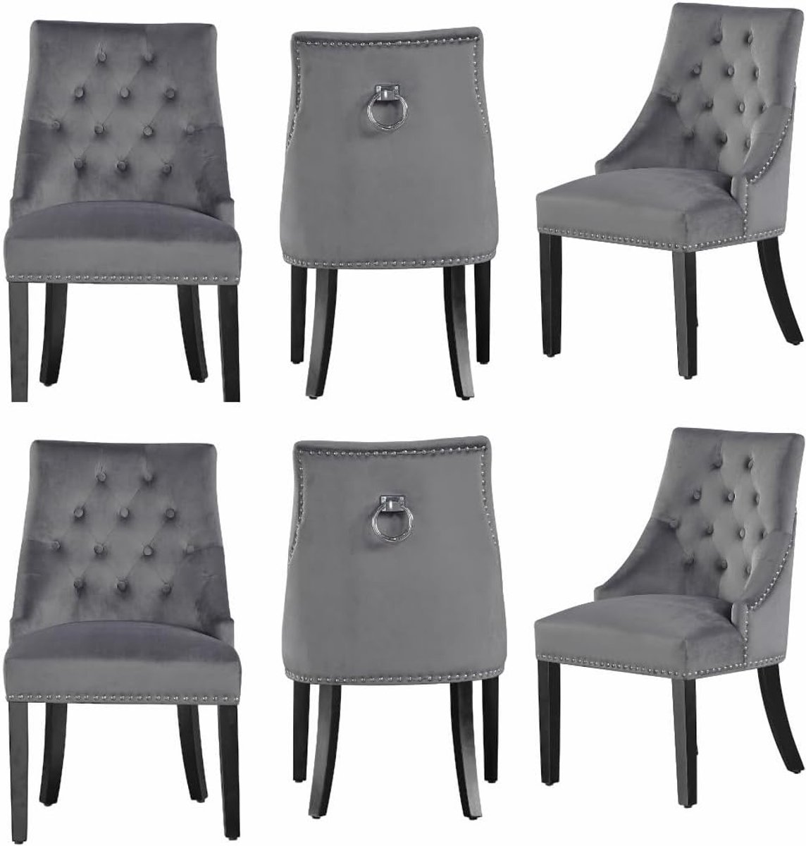 Eetstoel 6-set - Grijze tufted velvet stof - Deurknopdetail - Luxe accentstoelen - ShopVlot