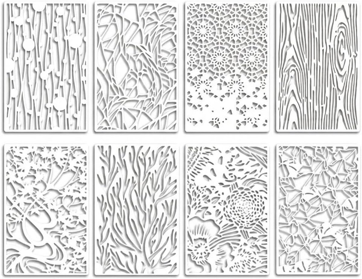 Schilderstencils set van 8 - 24 x 12 cm - Hout- en bloemenmotieven - Perfect voor creatieve projecten - ShopVlot