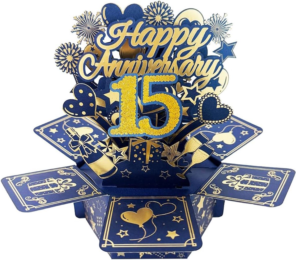 Wenskaart 15-jarig huwelijksjubileum - 3D pop-up - gouden glinsterende letters - uniek cadeau voor echtgenoten - ShopVlot